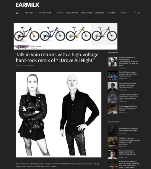 Earmilk review of Talk in Vain I Drove All Night